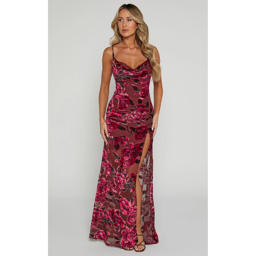 Showpo Aletta Dress Womens 4 Wine Floral Burnout Slit Maxi Slip Formal Prom NWT